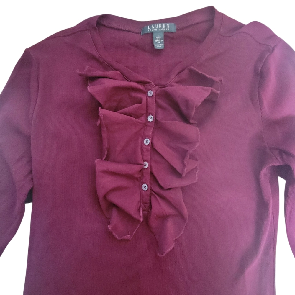 Vintage Lauren Ralph Lauren Womens (L) Burgundy Ribbed Ruffle Neck Lg Sleeve Top